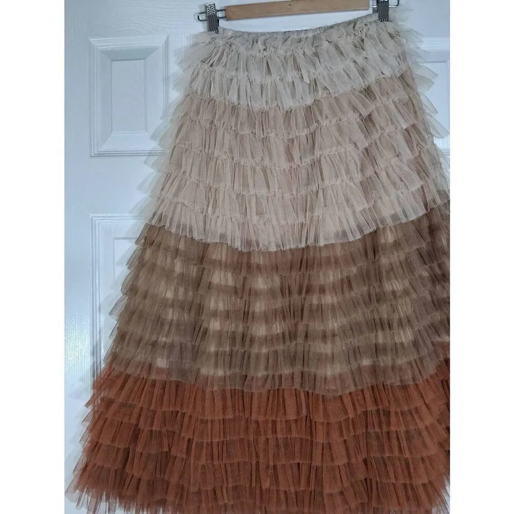 Aura womens medium maxi tulle long skirt tiered rust copper brown size 26 waist